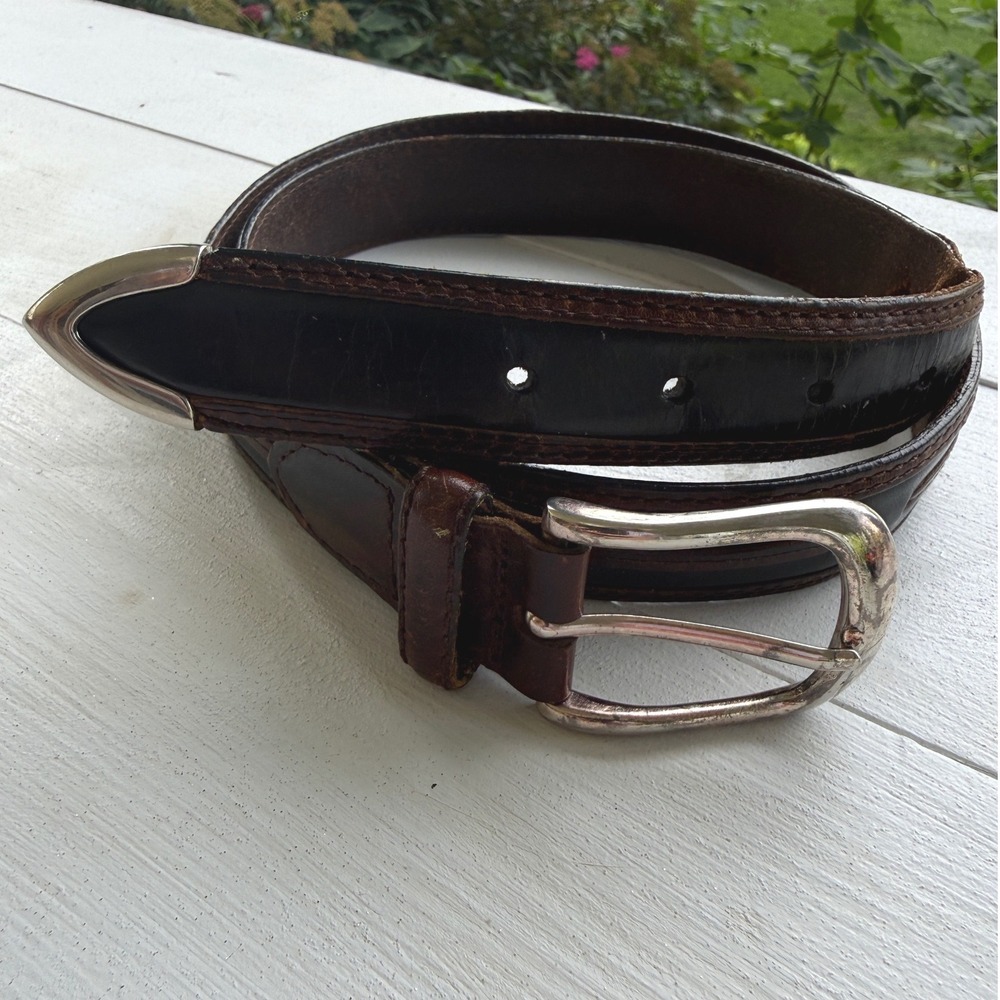 Vintage Top Grain Leather Belt 38 Brown Black Western Silver Tip